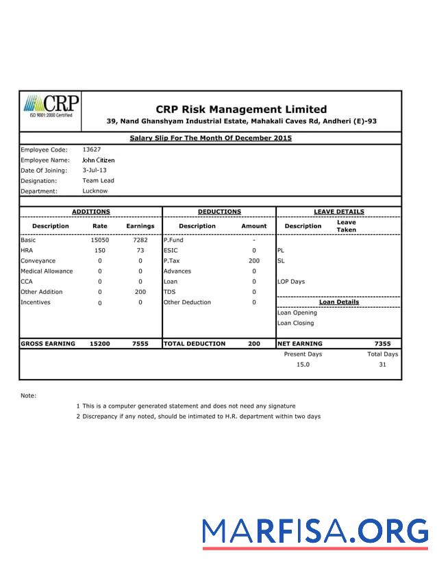 Downloadable India CRP Risk Management Limited salary slip example